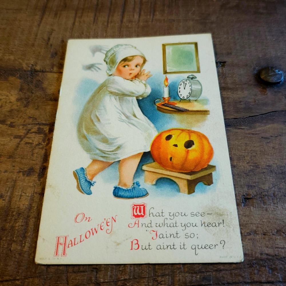 Antique Halloween Postcard Wolf & Co NY Child Ghost Pumpkin Poem Unposted 1910s